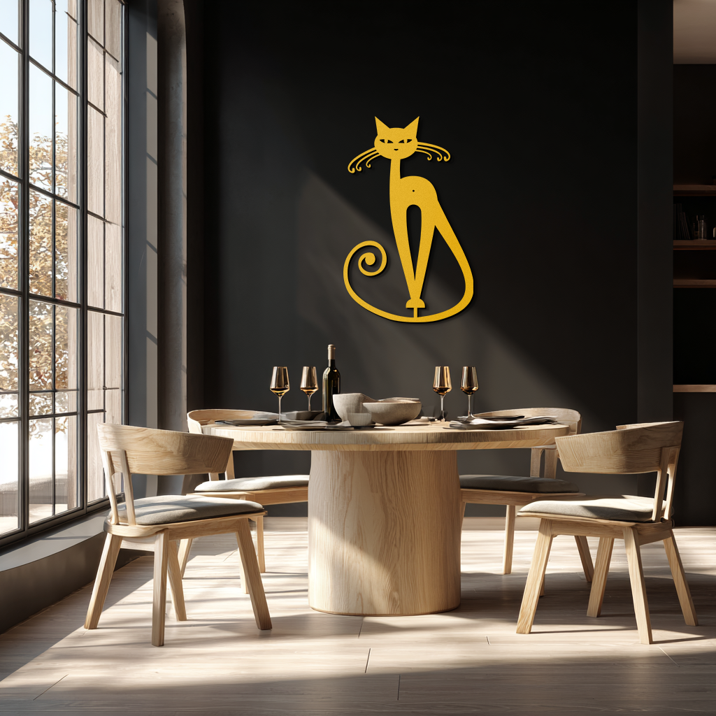 Elegant Cat Metal Wall Art - Geometric Black Metal Wall Sculpture - KAF052