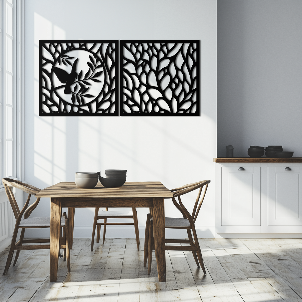 Hummingbird & Leaves Metal Wall Art - Elegant Dual Panel Steel Decor - KAF054