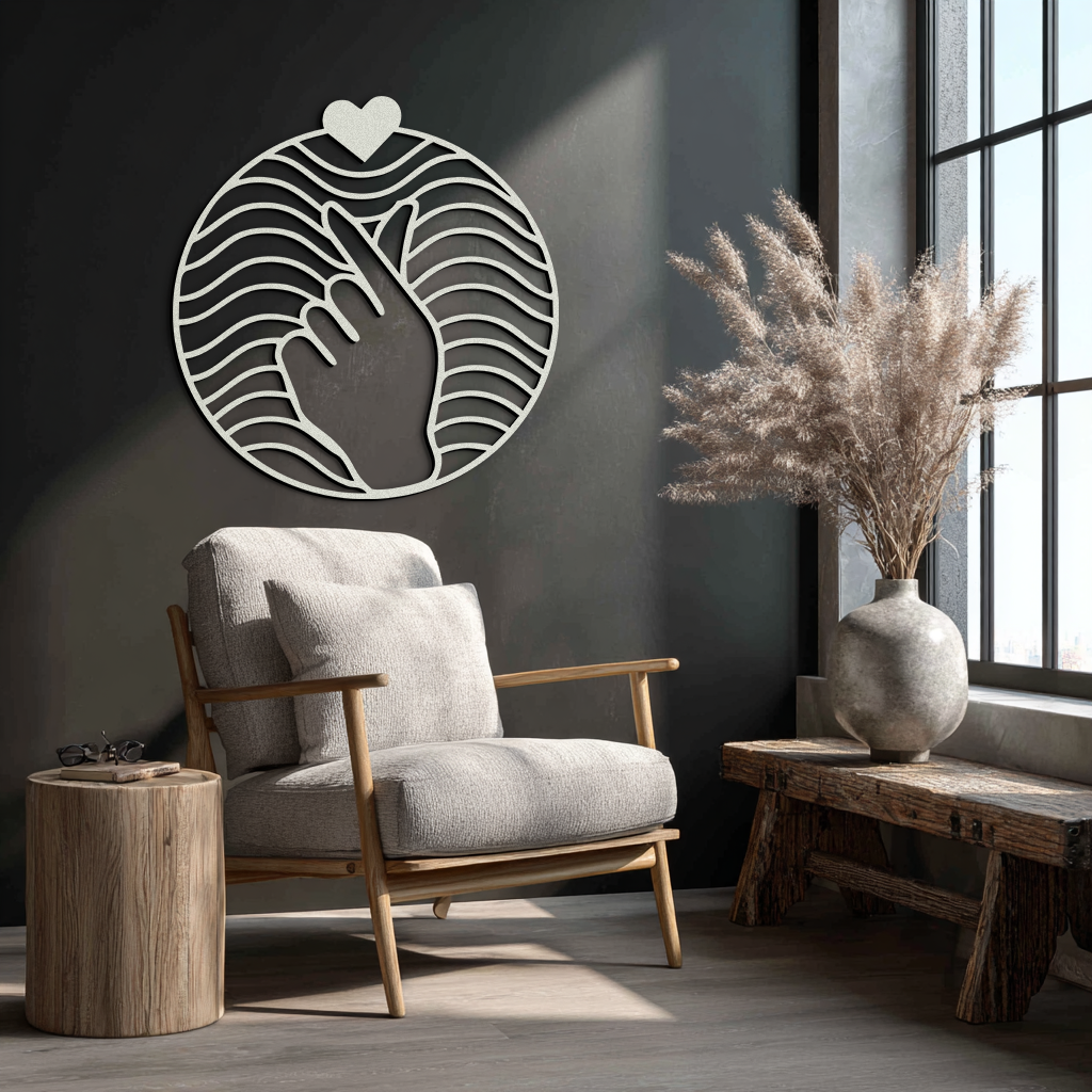 Heart Finger Love Sign Metal Wall Art - Round Minimalist Steel Decor - KAF056