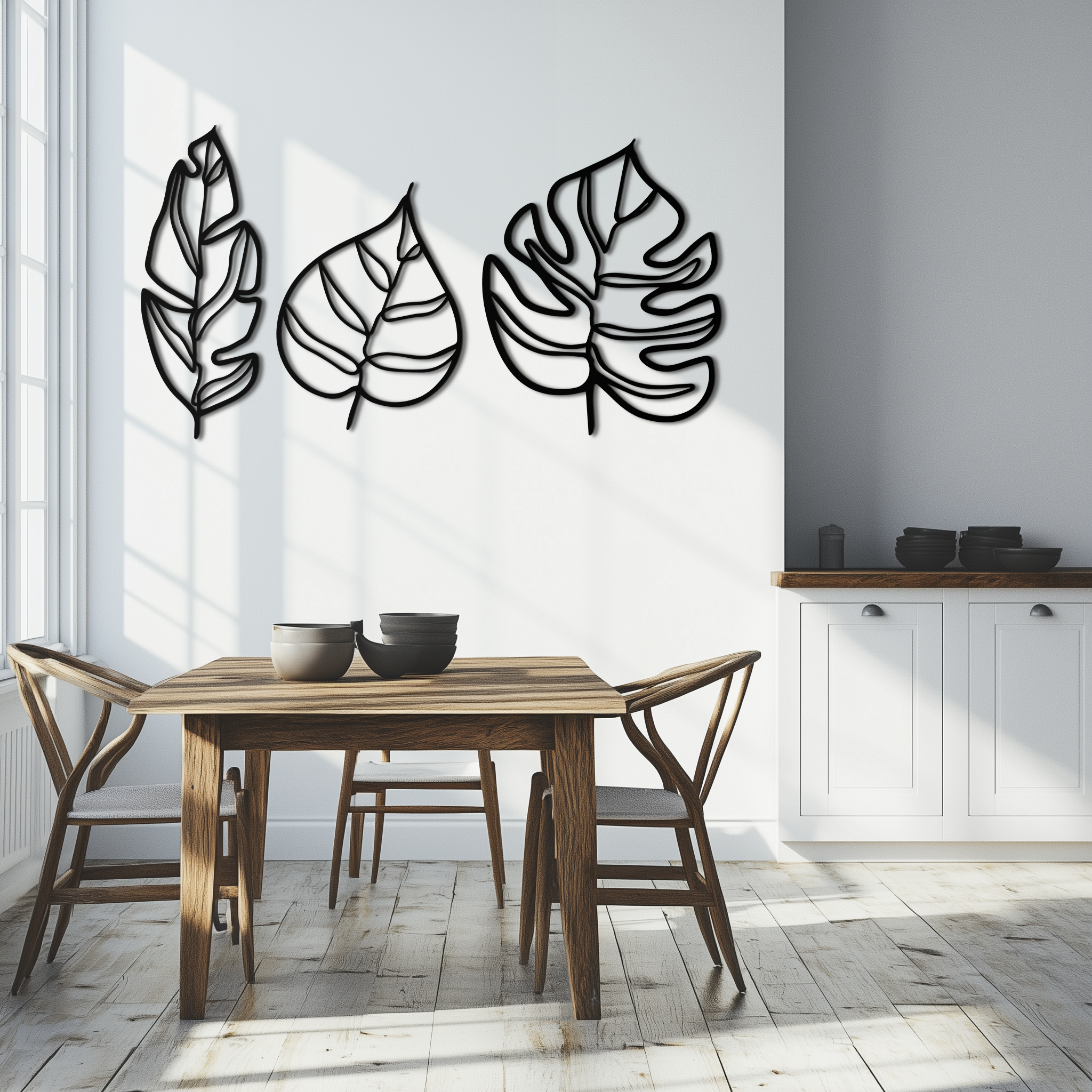 Geometric Leaf Trio Metal Wall Art - Modern Botanical Steel Decor - KAF114