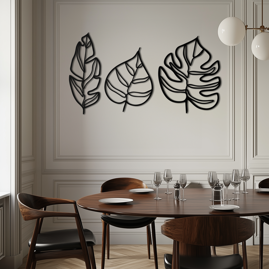 Geometric Leaf Trio Metal Wall Art - Modern Botanical Steel Decor - KAF114