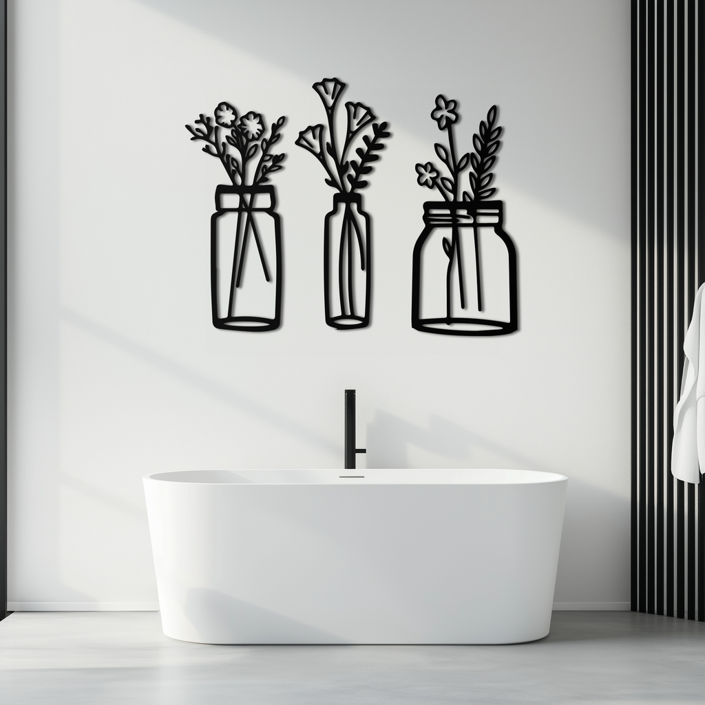 Floral Vase Metal Wall Art - 3-Piece Modern Steel Wall Decor - KAF118