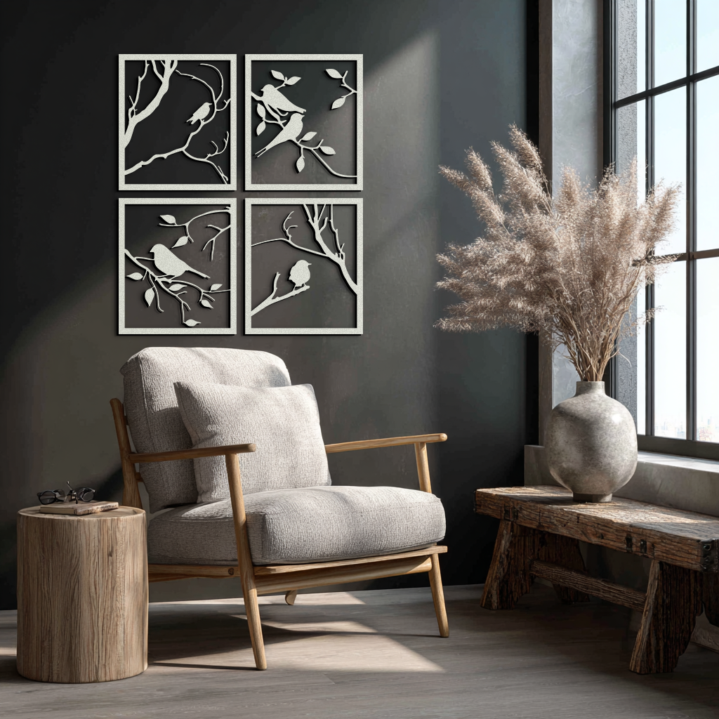 Bird Silhouette Metal Wall Art - 4-Piece Modern Steel Wall Decor - KAF128