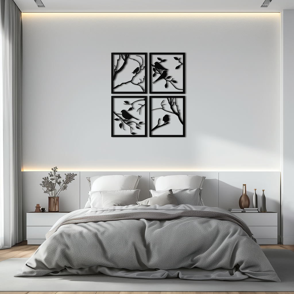 Bird Silhouette Metal Wall Art - 4-Piece Modern Steel Wall Decor - KAF128