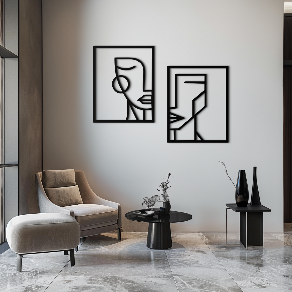 Abstract Faces Metal Wall Art - Modern Geometric Line Art Decor - KAF146