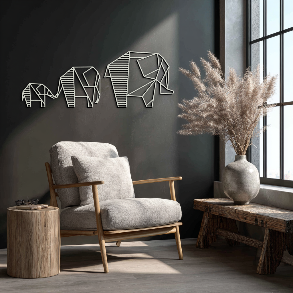 Geometric Elephant Family Metal Wall Art - Modern Minimalist Decor- KAF166