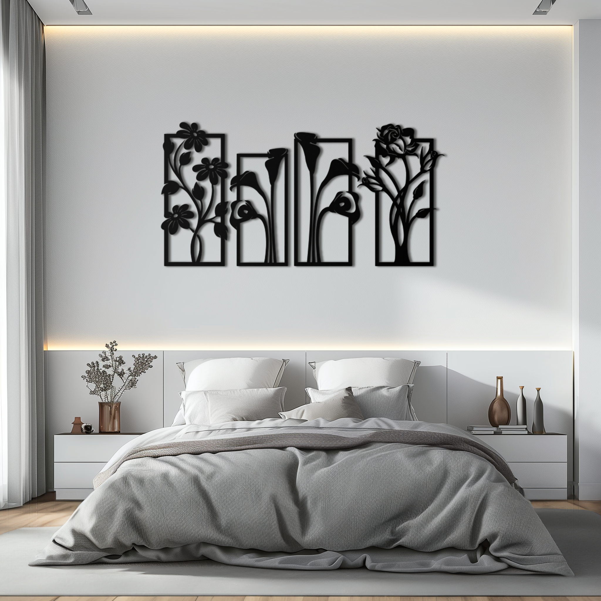 Floral Metal Wall Art - Elegant Botanical Panel Set- KAF167