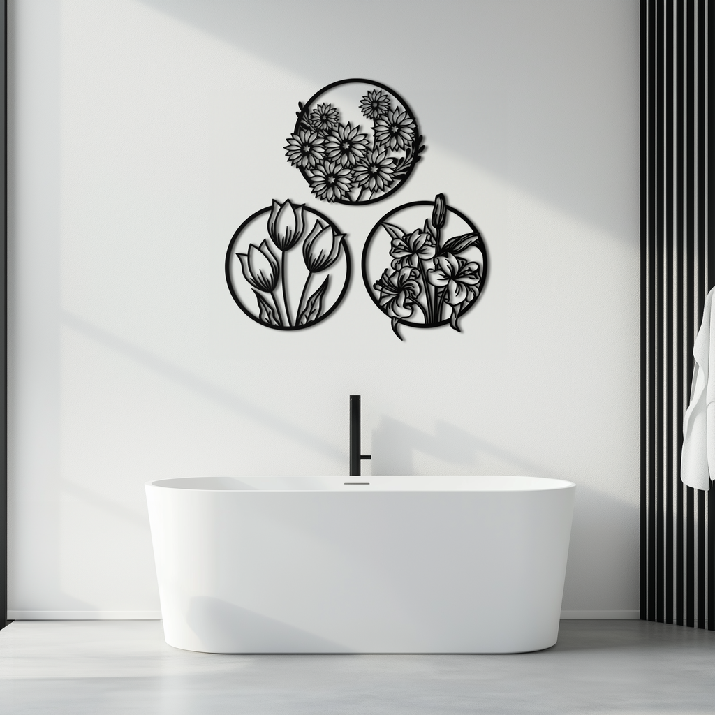 Floral Harmony Metal Wall Art - Set of Three Elegant Botanical Designs - KAF223
