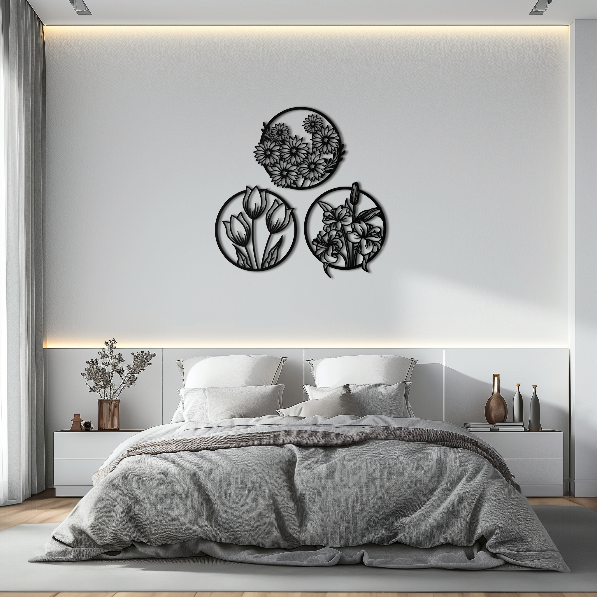 Floral Harmony Metal Wall Art - Set of Three Elegant Botanical Designs - KAF223