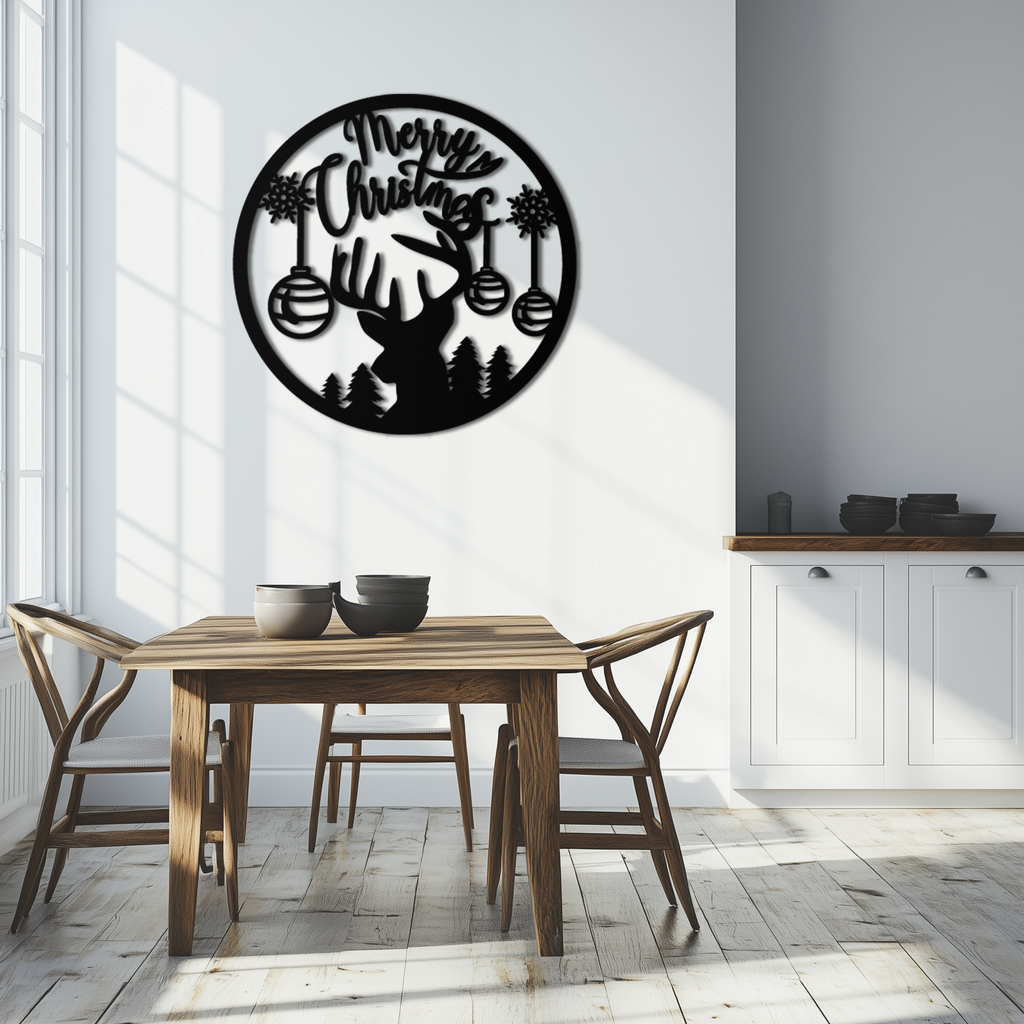 Merry Christmas Metal Wall Art - Festive Reindeer Silhouette Decor- KAF288