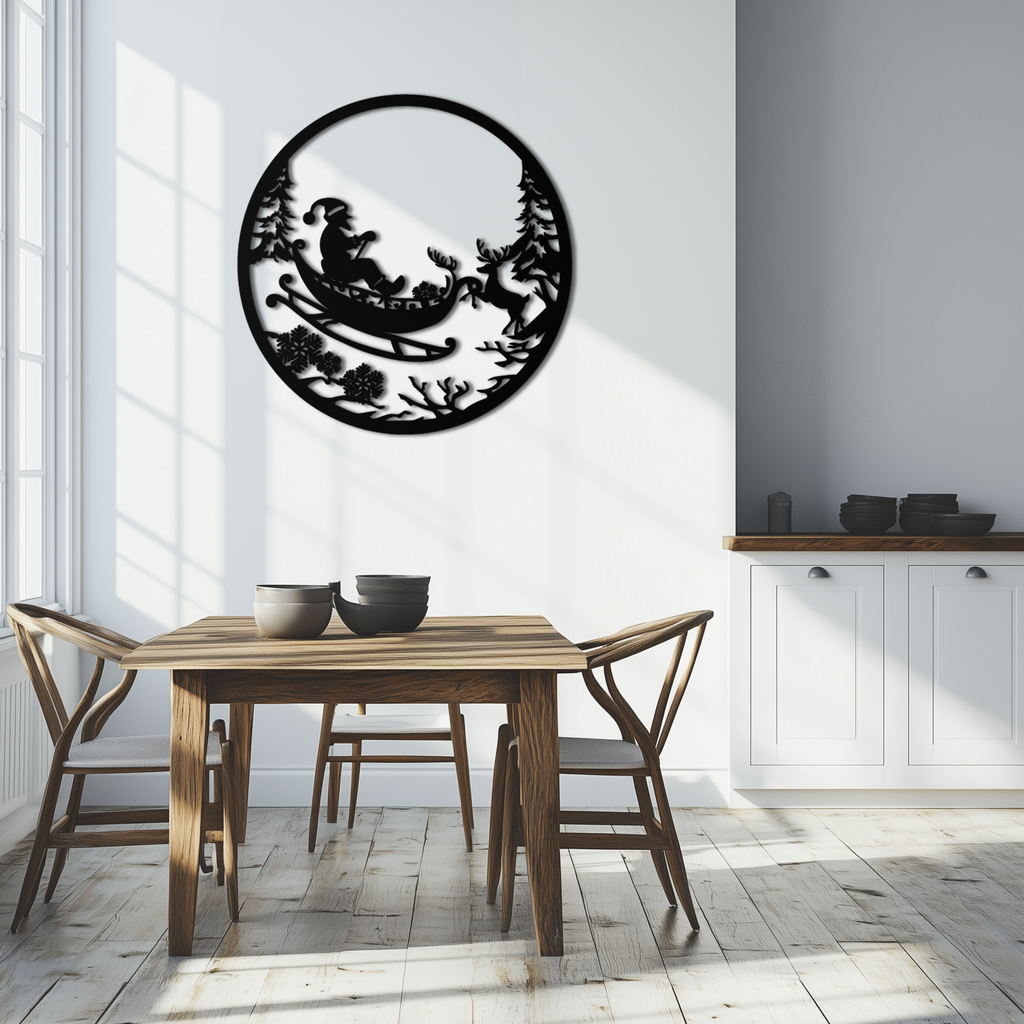 Santa Sleigh Metal Wall Art - Christmas Reindeer & Santa Decor- KAF289
