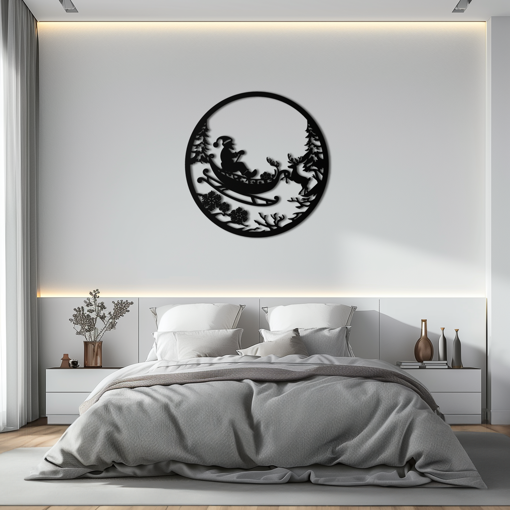 Santa Sleigh Metal Wall Art - Christmas Reindeer & Santa Decor- KAF289