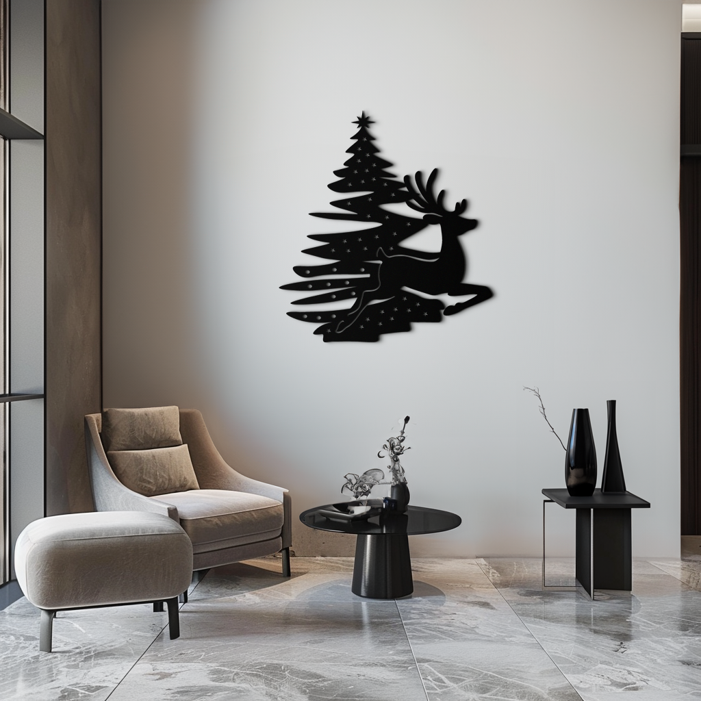 Reindeer and Christmas Tree Metal Wall Art - Festive Holiday Steel Decor- KAF304