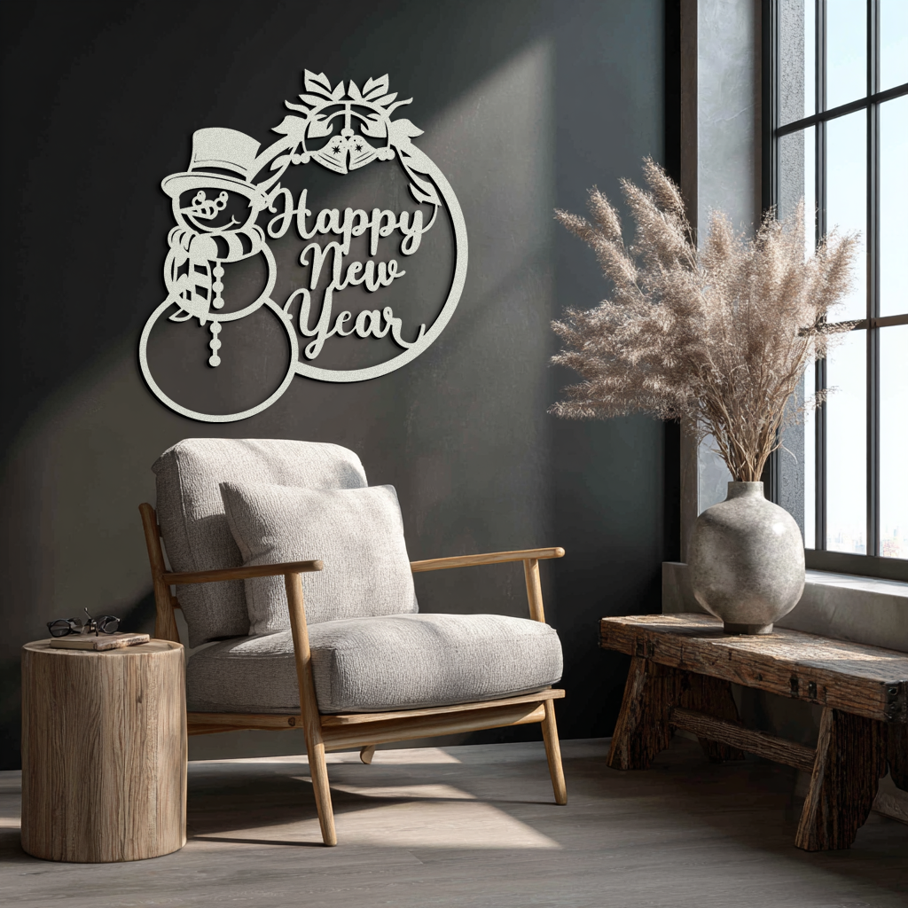 Happy New Year Metal Wall Art - Snowman Holiday Decor for Christmas and Winter- KAF305