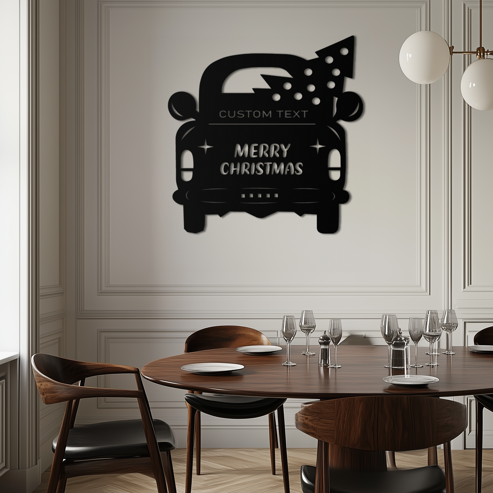 Merry Christmas Metal Wall Art - Custom Vintage Car with Tree Silhouette Decor- KAF311