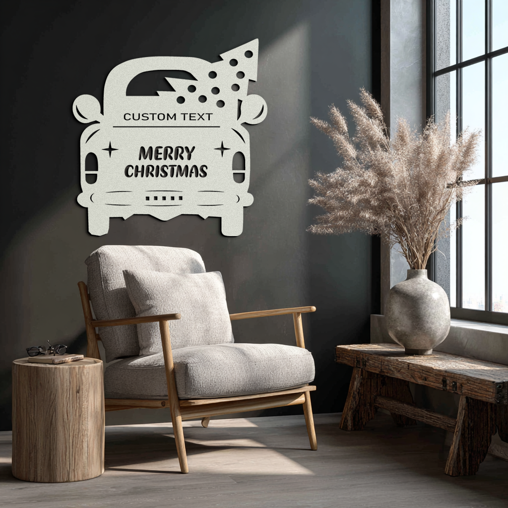 Merry Christmas Metal Wall Art - Custom Vintage Car with Tree Silhouette Decor- KAF311