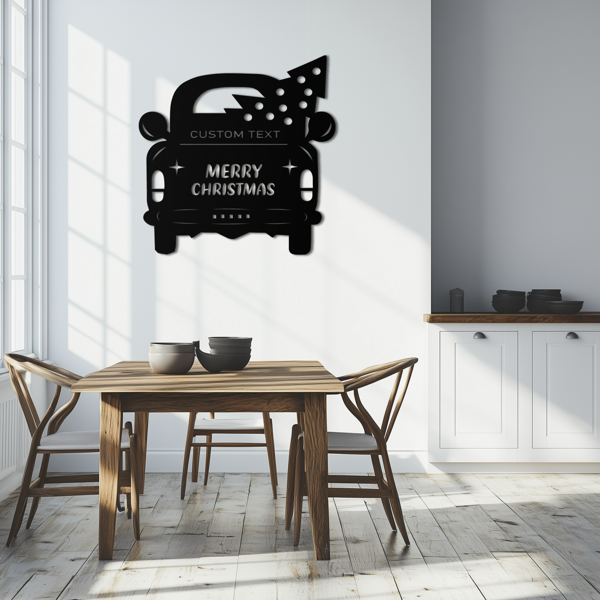 Merry Christmas Metal Wall Art - Custom Vintage Car with Tree Silhouette Decor- KAF311