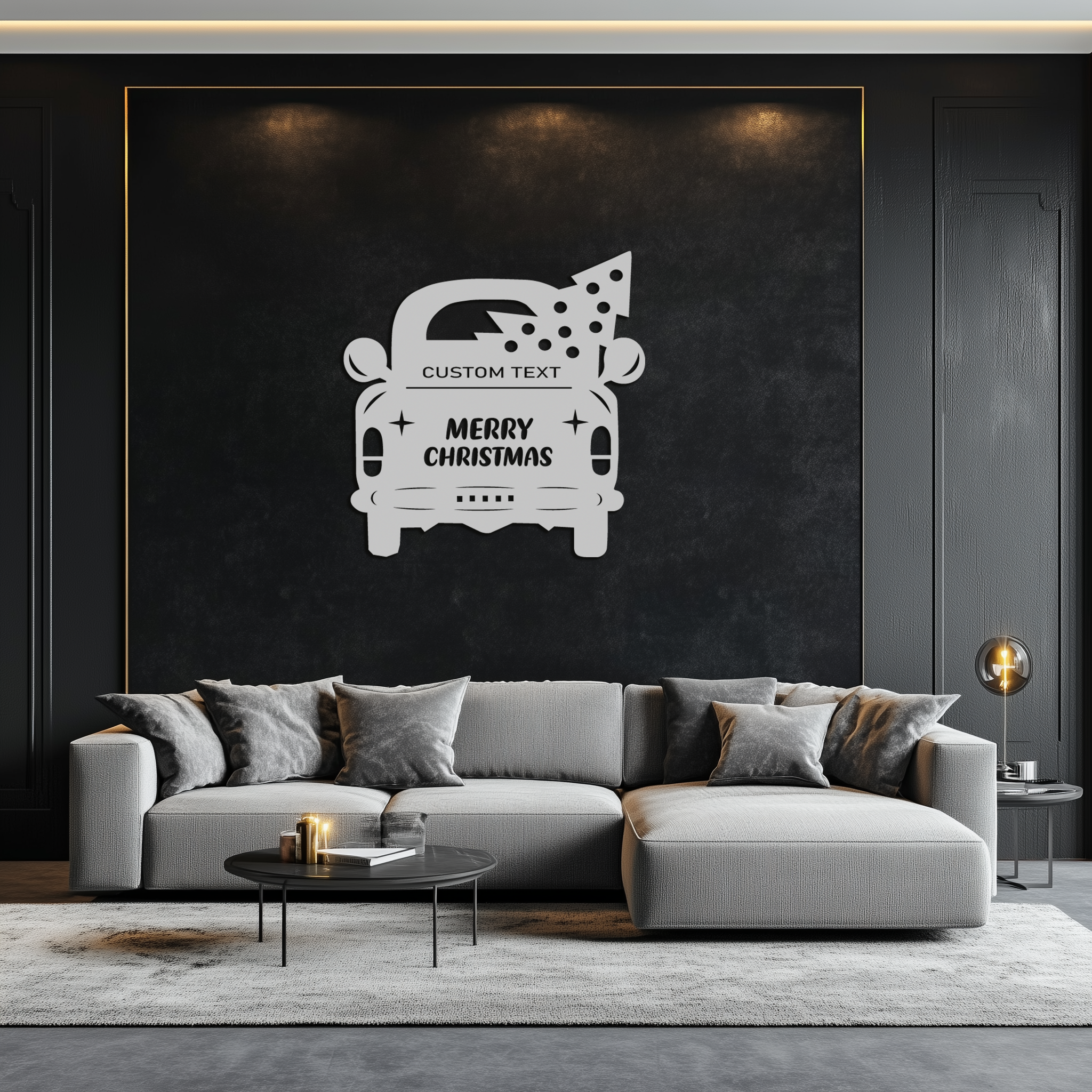 Merry Christmas Metal Wall Art - Custom Vintage Car with Tree Silhouette Decor- KAF311
