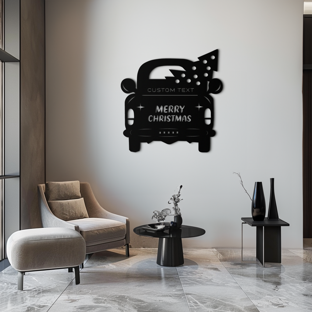 Merry Christmas Metal Wall Art - Custom Vintage Car with Tree Silhouette Decor- KAF311