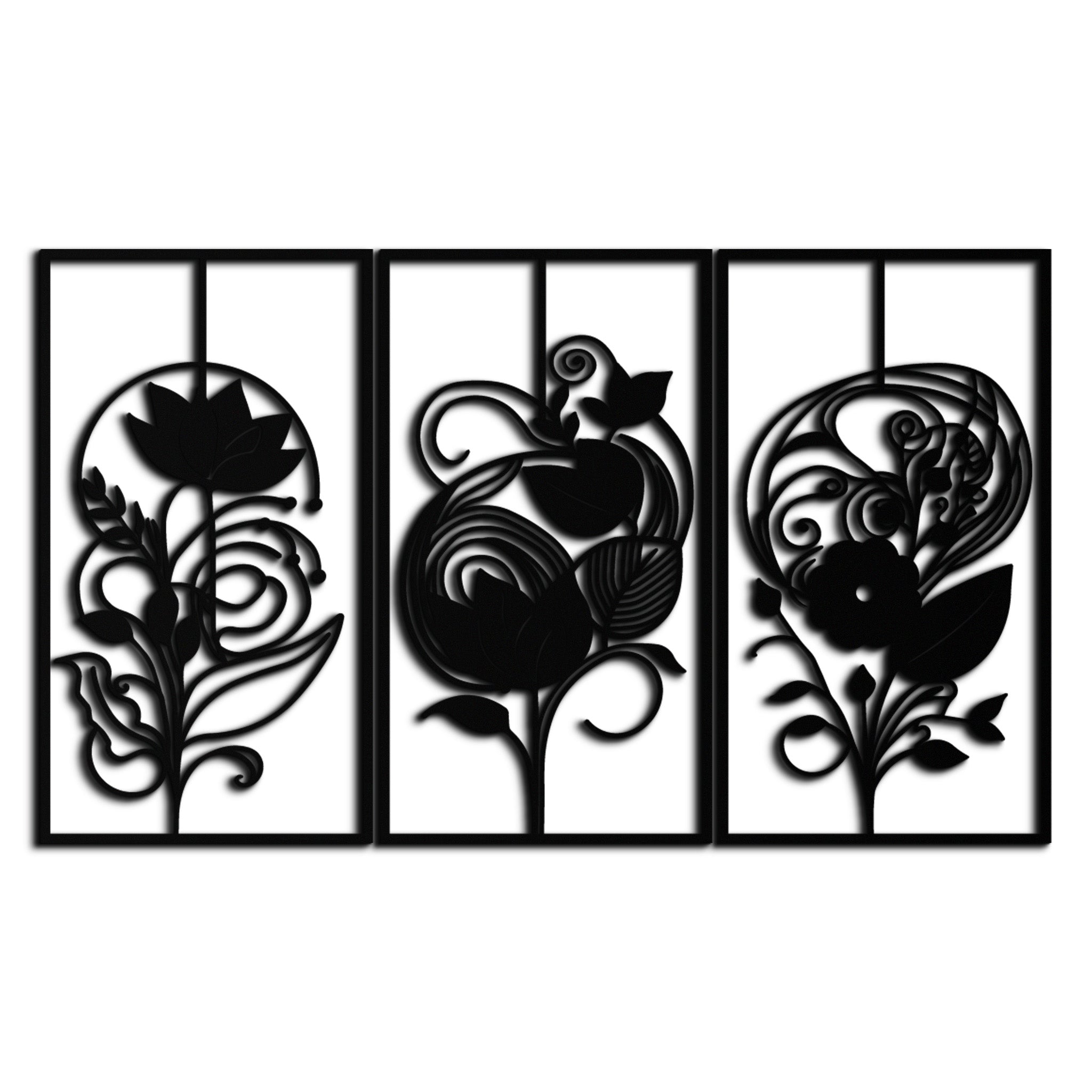 Floral Panel Trio Metal Wall Art - Elegant Black Botanical Wall Decor Set- KAF317