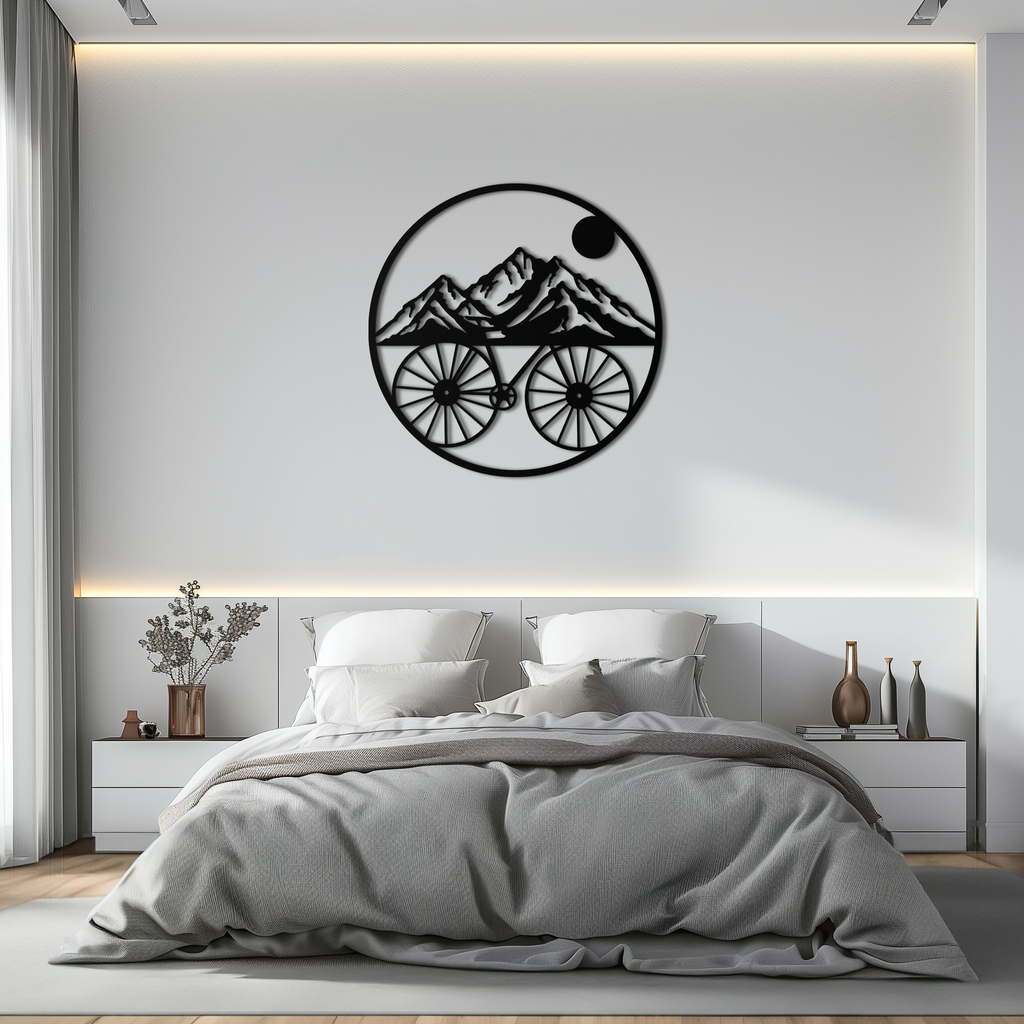 Mountain Bike Silhouette Metal Wall Art - Scenic Bicycle and Nature Scene Decor- KAF320