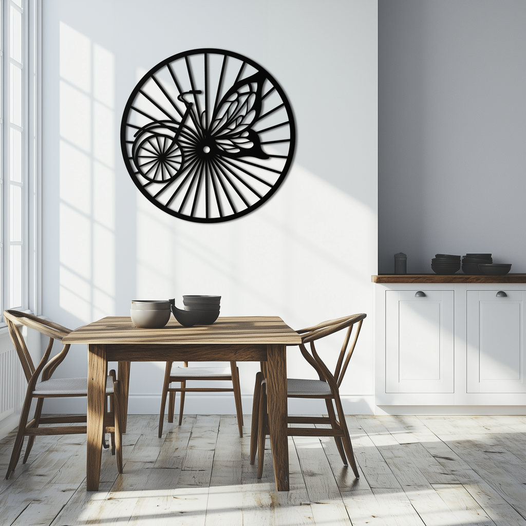 Butterfly Wheel Bicycle Silhouette Metal Wall Art - Elegant Round Nature-Inspired Decor- KAF323