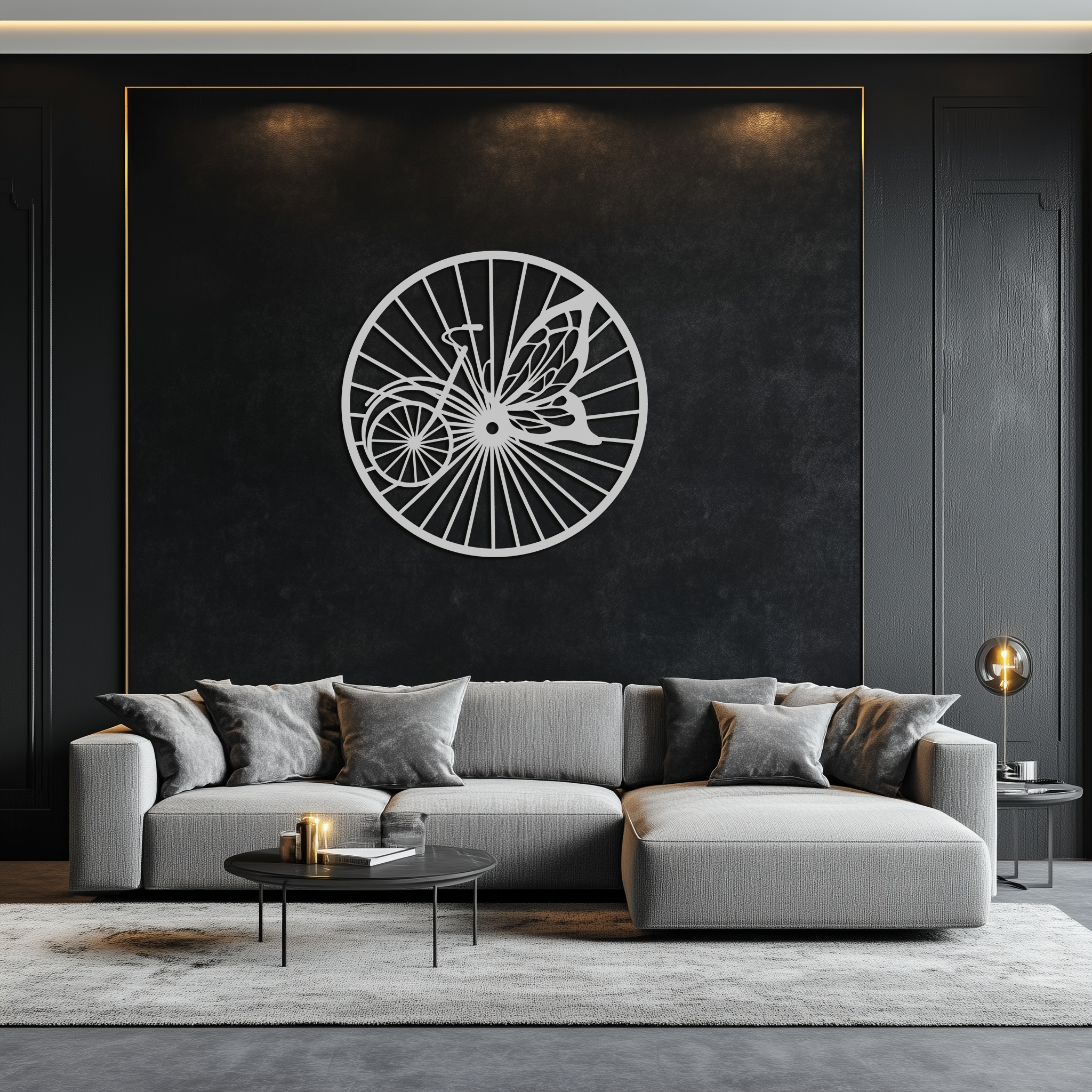 Butterfly Wheel Bicycle Silhouette Metal Wall Art - Elegant Round Nature-Inspired Decor- KAF323