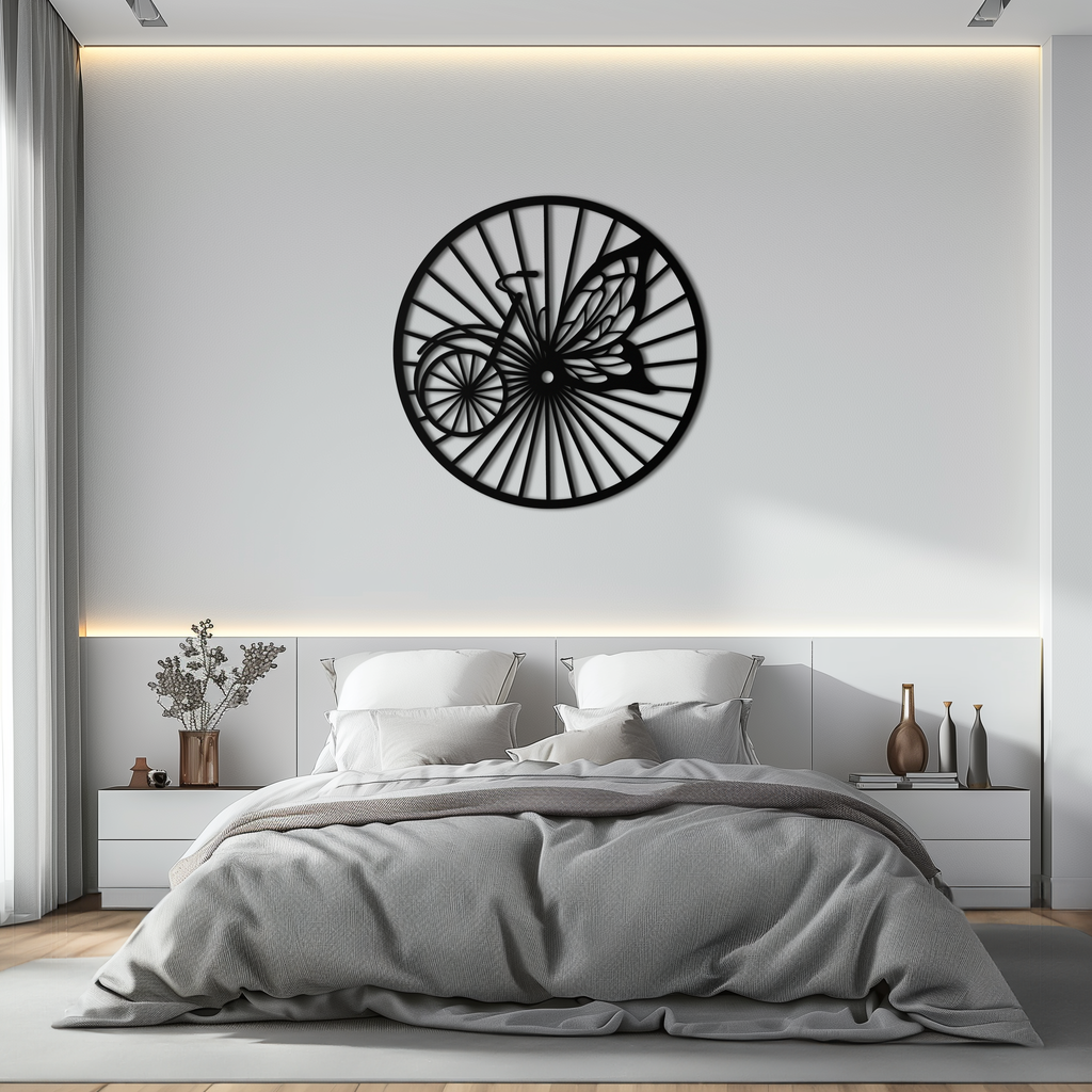 Butterfly Wheel Bicycle Silhouette Metal Wall Art - Elegant Round Nature-Inspired Decor- KAF323