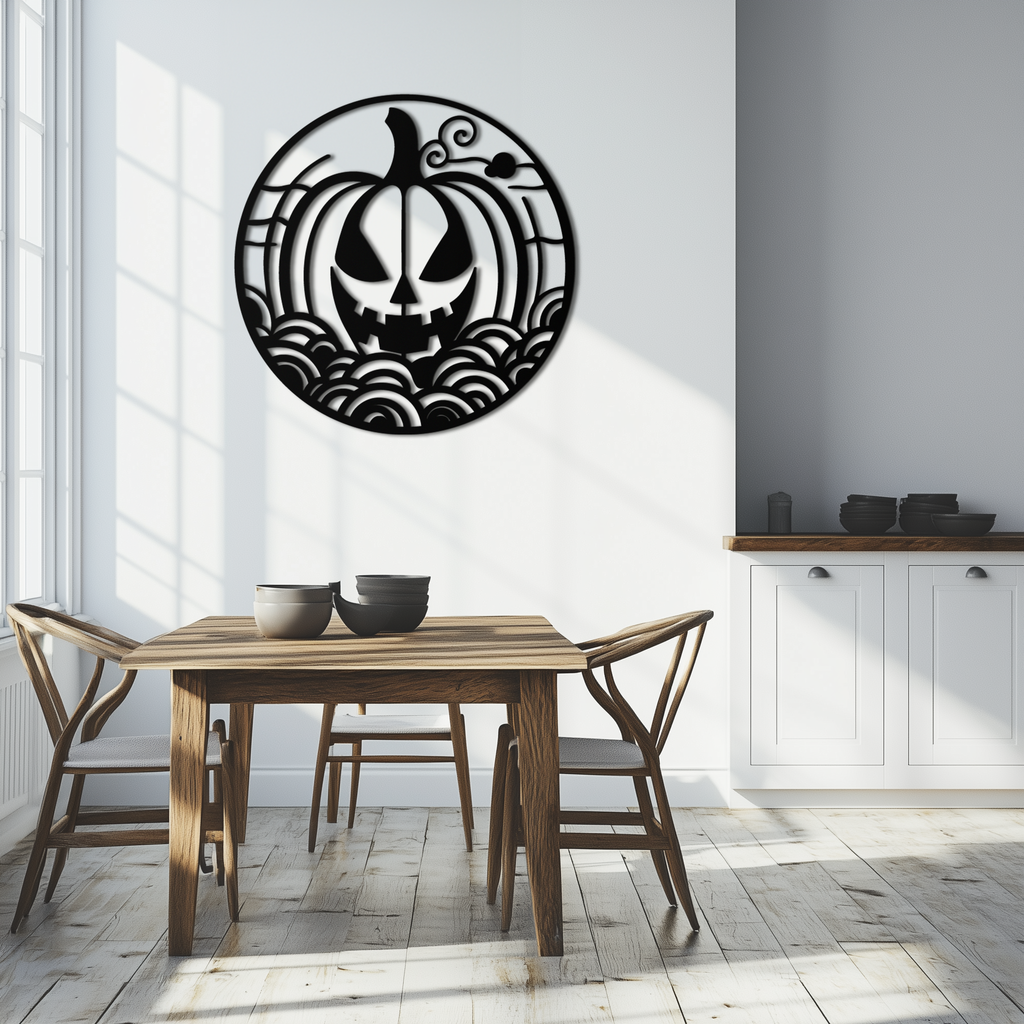 Pumpkin Halloween Silhouette Metal Wall Art – Spooky Round Black Decor- KAF327