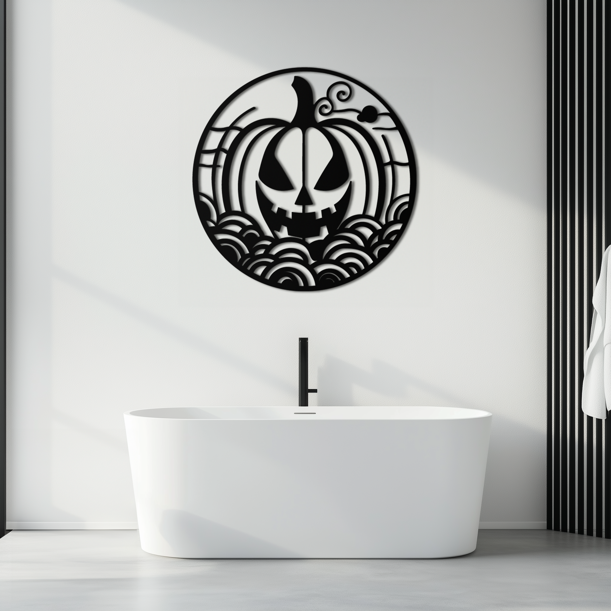 Pumpkin Halloween Silhouette Metal Wall Art – Spooky Round Black Decor- KAF327