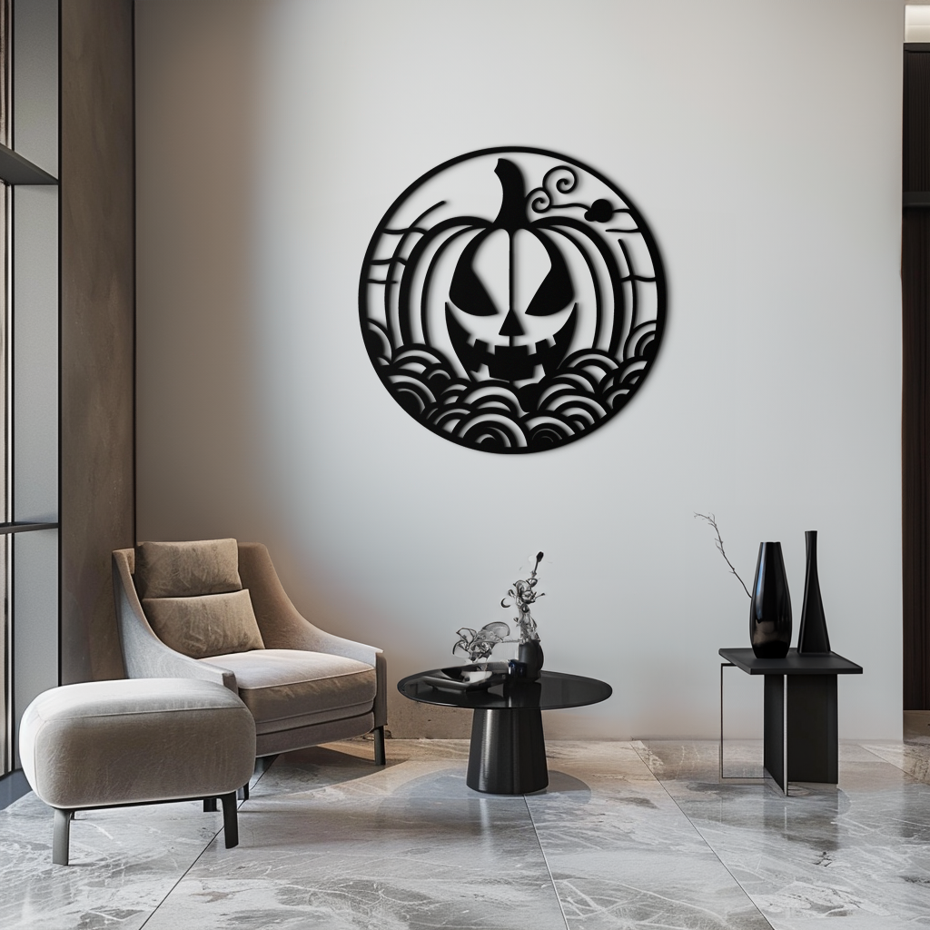 Pumpkin Halloween Silhouette Metal Wall Art – Spooky Round Black Decor- KAF327