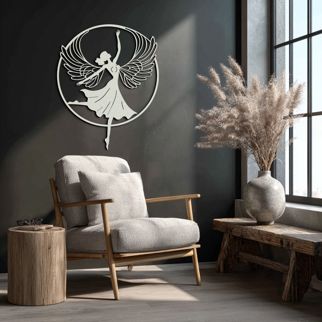 Angel Dancer Metal Wall Art – Winged Woman Silhouette Steel Decor for Elegant and Spiritual Interiors- KAF334