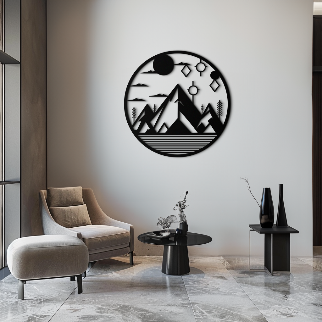 Abstract Mountain Metal Wall Art – Geometric Mountain Silhouette Steel Decor for Modern Interiors- KAF336