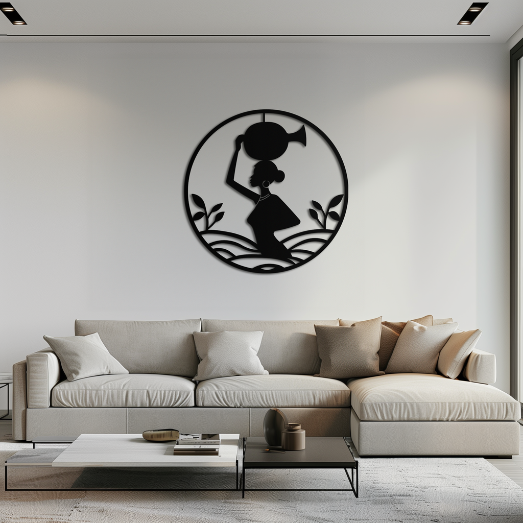 African Woman Carrying Vase Metal Wall Art – Tribal Silhouette Steel Decor for Cultural and Ethnic Interiors- KAF342