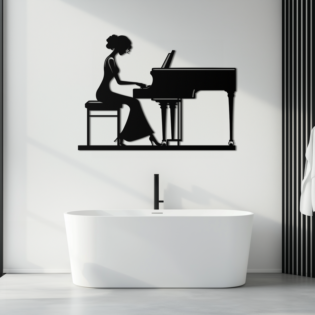 Pianist Woman Metal Wall Art – Elegant Music-Inspired Steel Silhouette for Modern Home Decor- KAF345