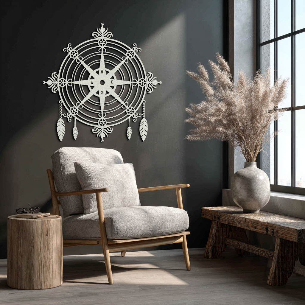 Ornate Compass Rose Metal Wall Art – Decorative Matte Black Steel with Feathers for Nautical and Boho Decor- KAF347