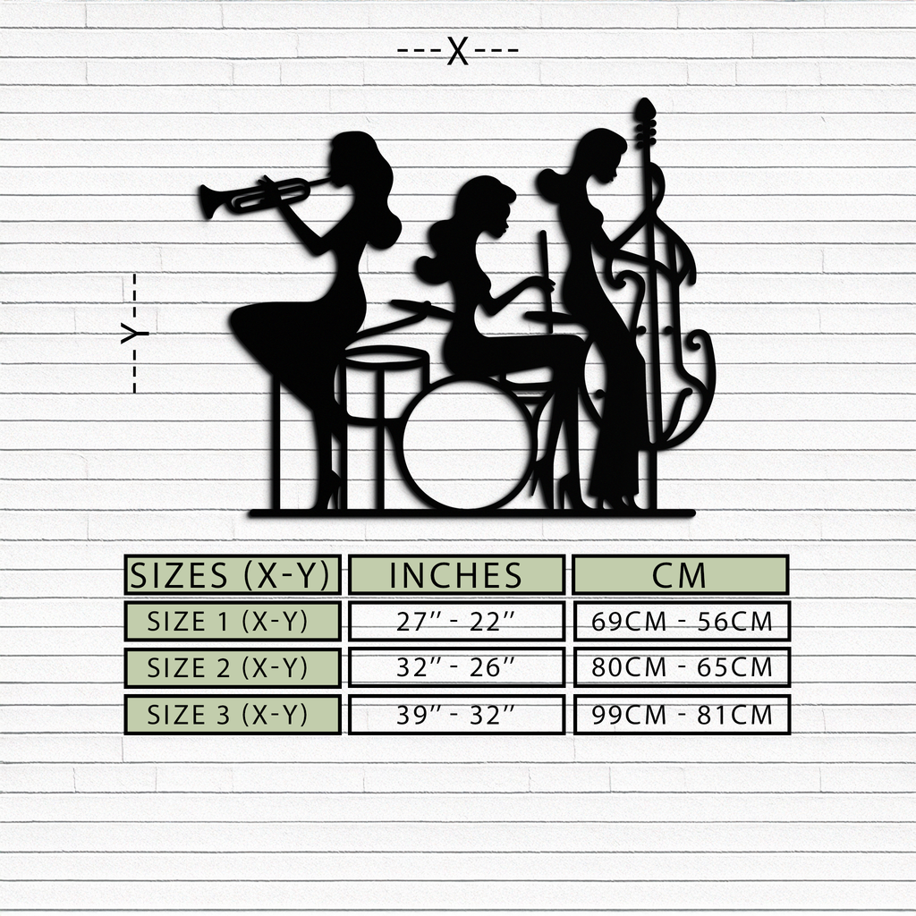 Jazz Trio Women Metal Wall Art – Musical Female Silhouette Band Playing Instruments in Black Steel- KAF349