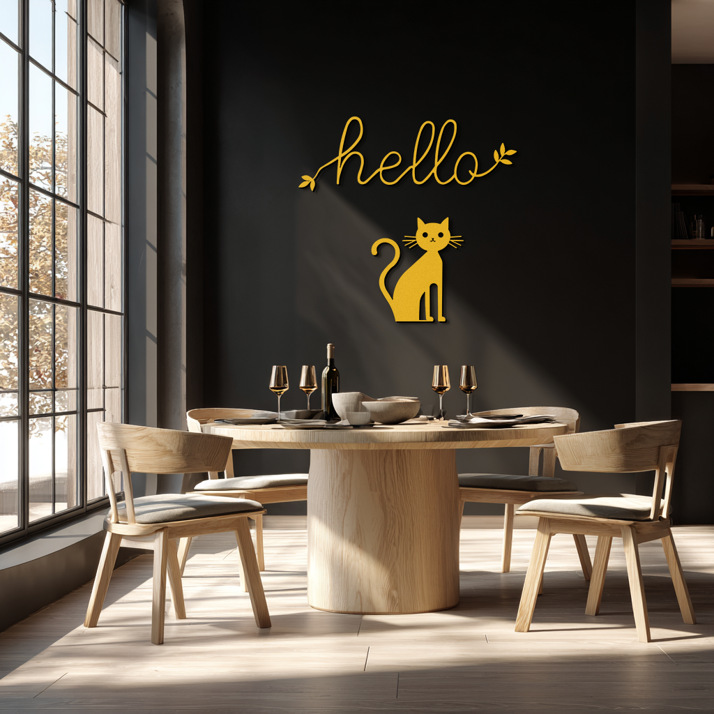 Hello Cat Metal Wall Art – Whimsical Welcome Sign with Cat Silhouette for Entryway or Living Room- KAF352
