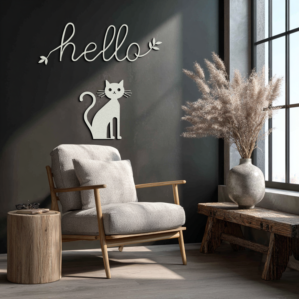 Hello Cat Metal Wall Art – Whimsical Welcome Sign with Cat Silhouette for Entryway or Living Room- KAF352