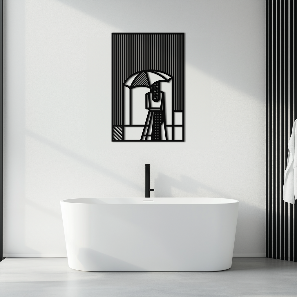 Woman with Umbrella Abstract Metal Wall Art – Modern Rainy Day Silhouette Steel Decor- KAF354