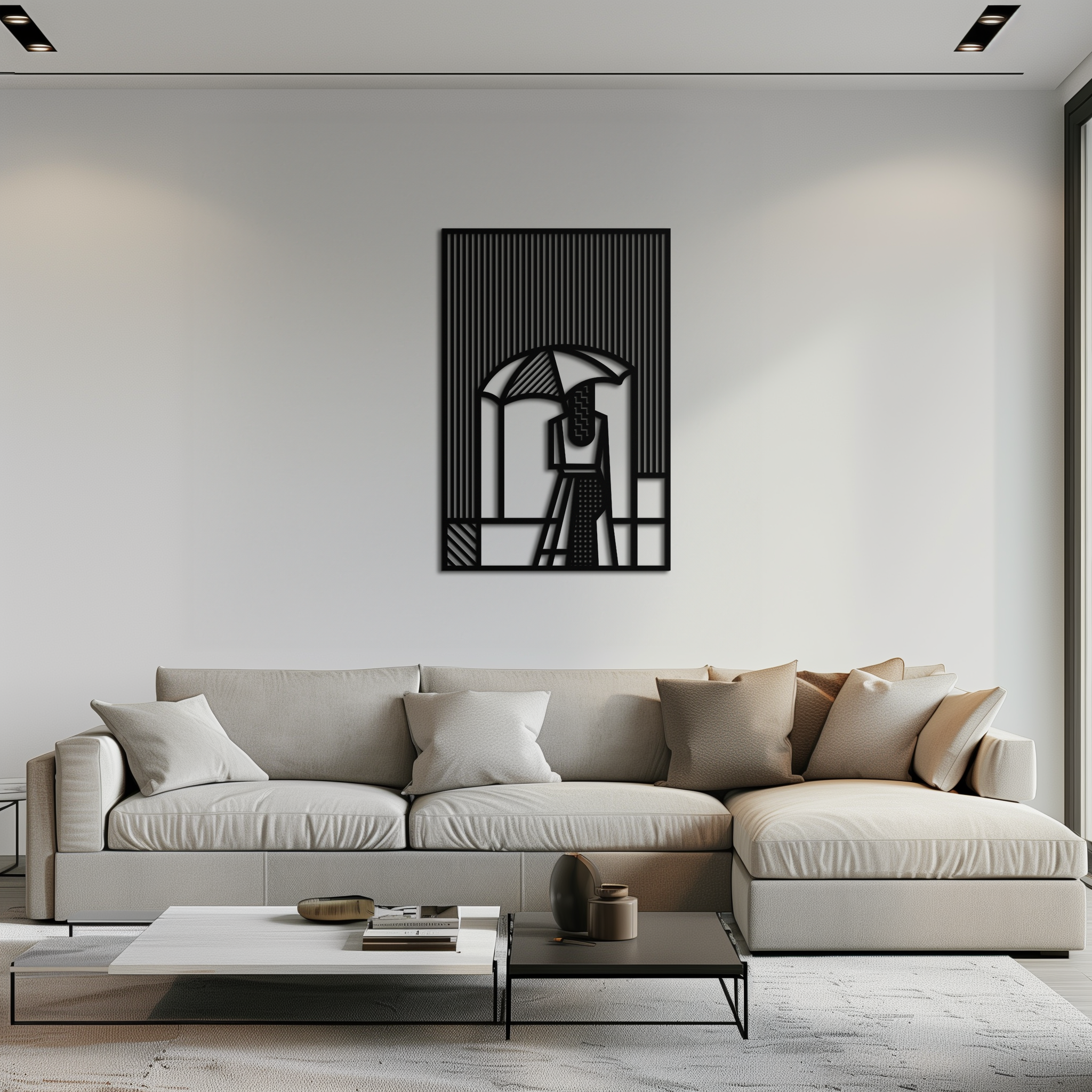 Woman with Umbrella Abstract Metal Wall Art – Modern Rainy Day Silhouette Steel Decor- KAF354