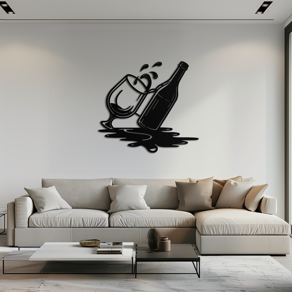 Wine Bottle and Glass Metal Wall Art – Modern Bar Decor with Splash Effect for Kitchen or Lounge Spaces- KAF356