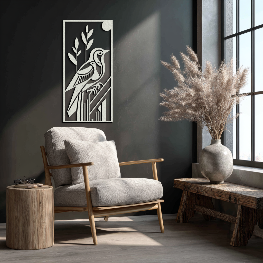 Bird & Nature Panel Metal Wall Art – Minimalist Vertical Steel Decor- KAF369
