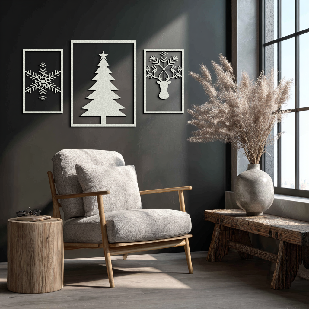 Christmas Tree & Reindeer Metal Wall Art Set – 3 Piece Modern Holiday Decor- KAF377