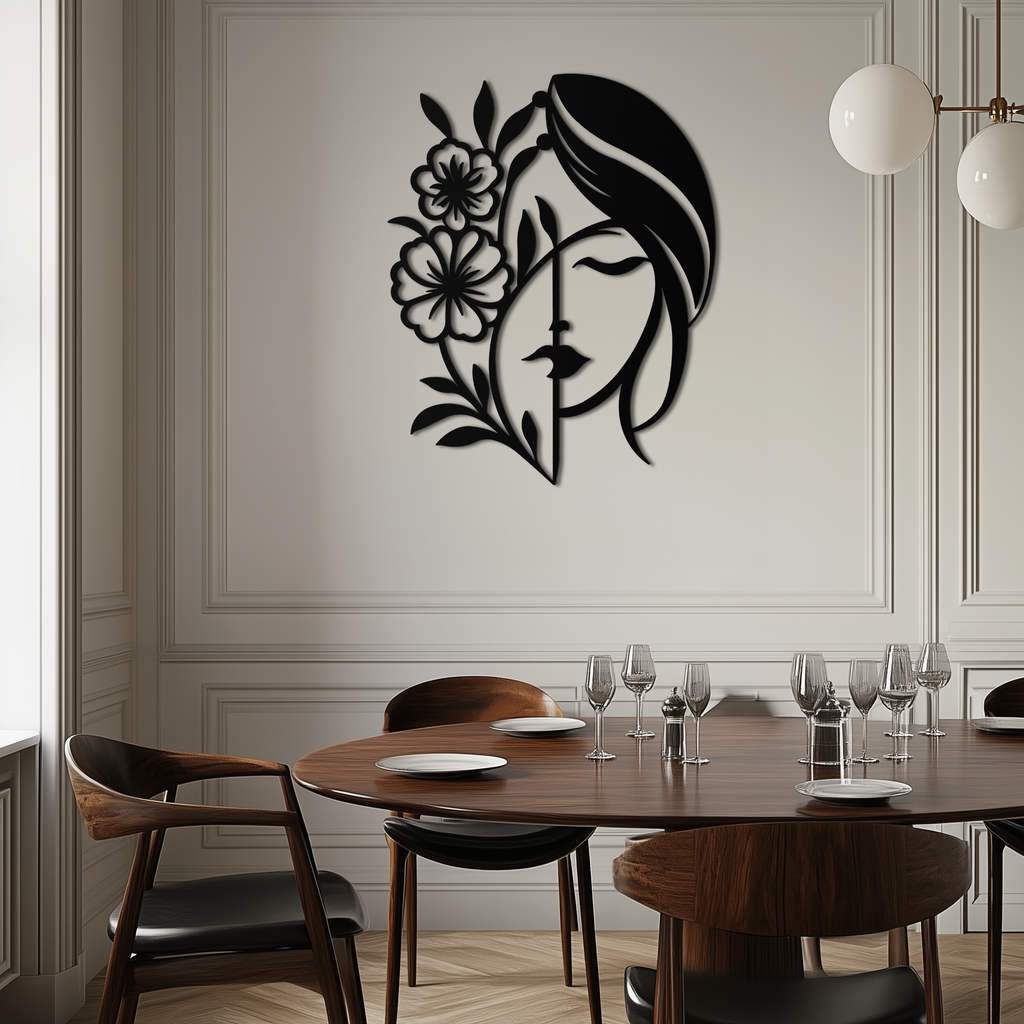Woman with Flower Metal Wall Art – Elegant Female Silhouette Steel Decor- KAF385