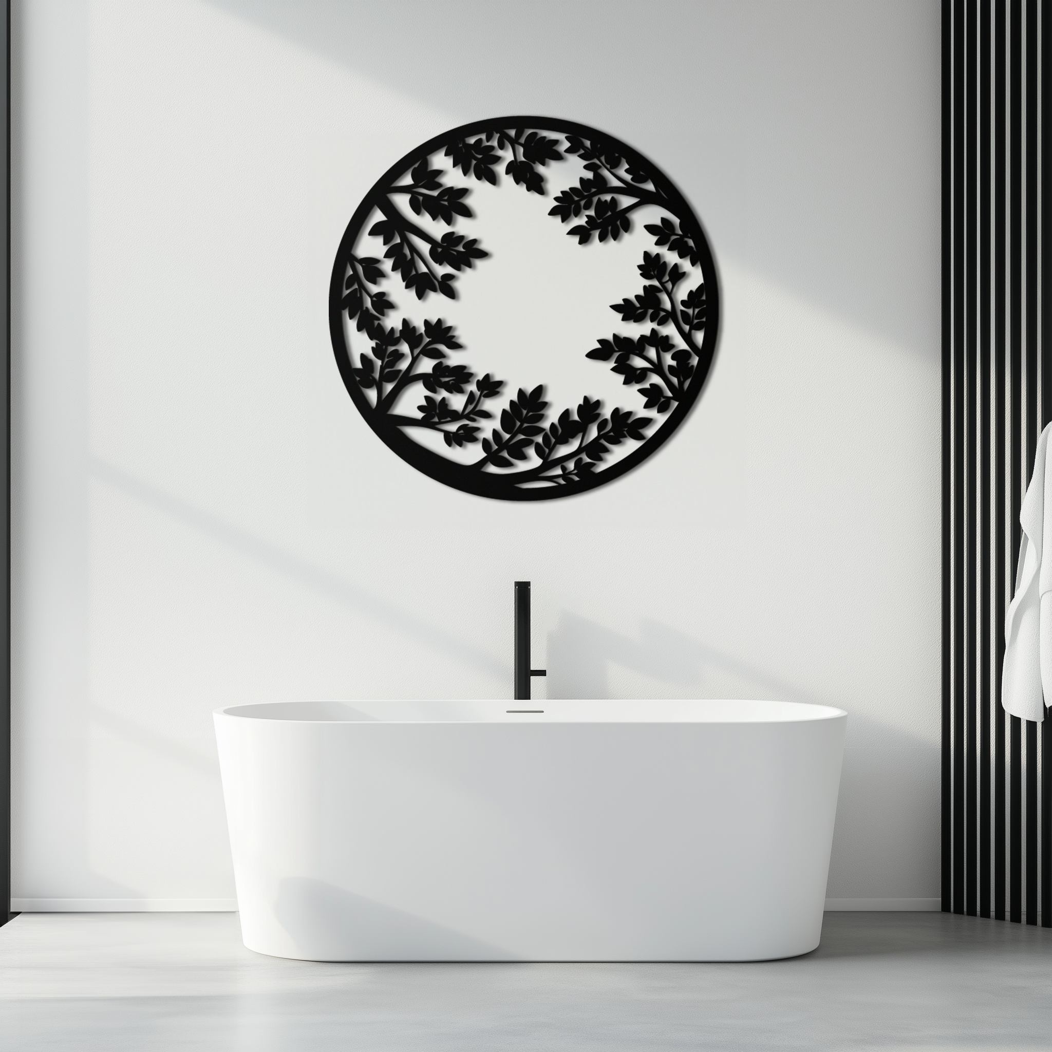 Round Leafy Branches Metal Wall Art – Nature Inspired Circular Black Steel Decor for Modern Interior and Garden- KAF411
