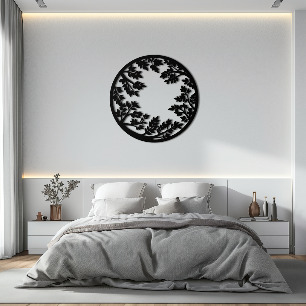 Round Leafy Branches Metal Wall Art – Nature Inspired Circular Black Steel Decor for Modern Interior and Garden- KAF411