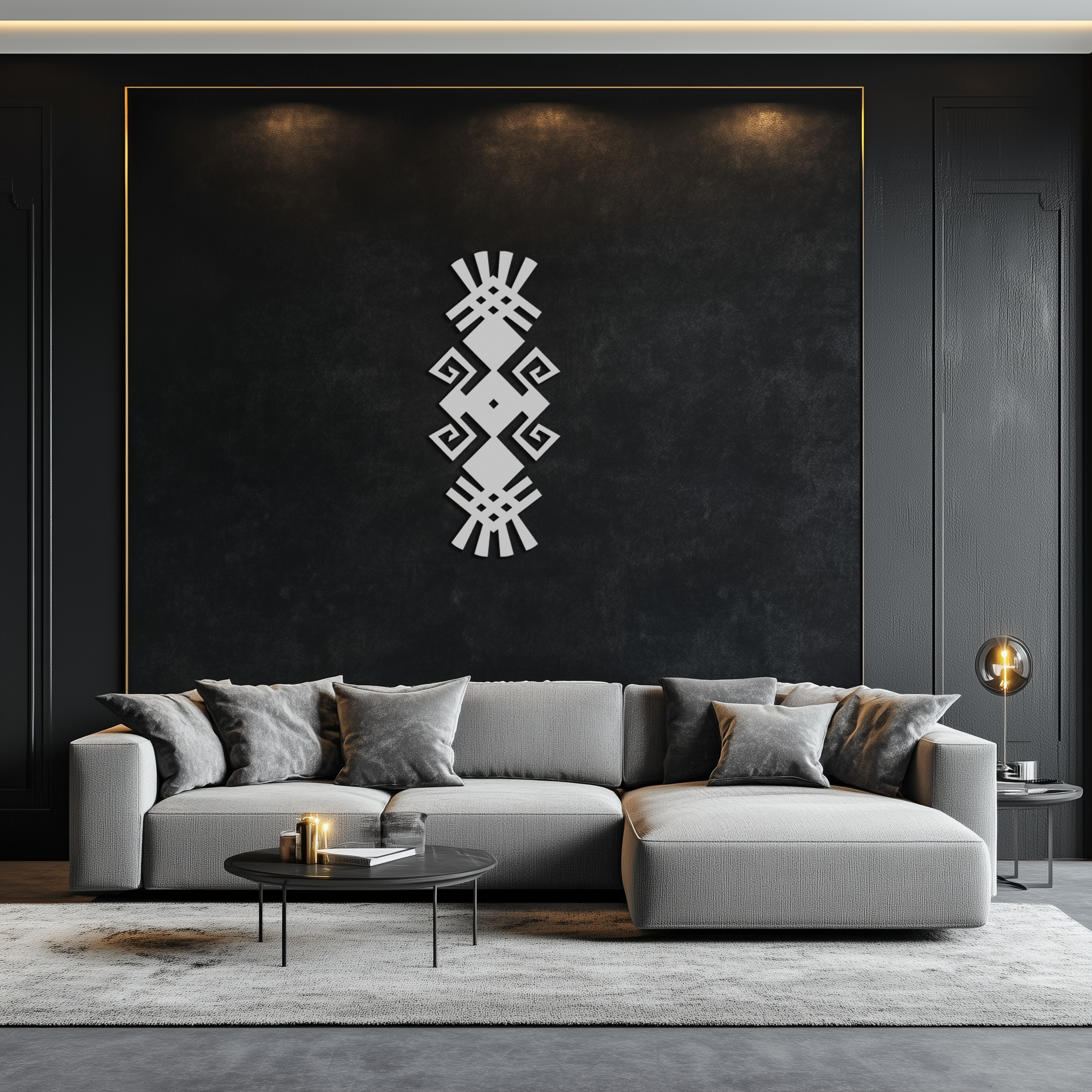 Tribal Ethnic Pattern Metal Wall Art – Abstract Geometric Black Steel Decor for Modern Bohemian Interiors- KAF432
