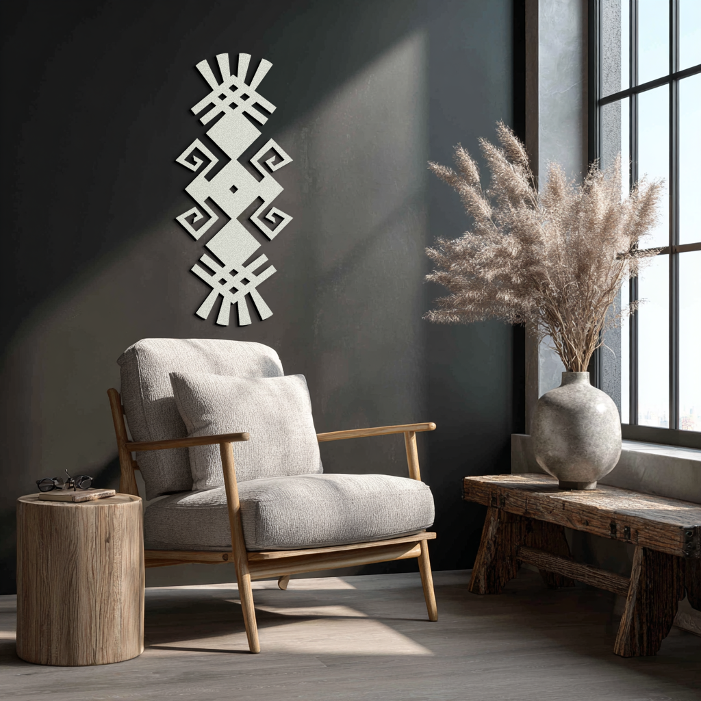 Tribal Ethnic Pattern Metal Wall Art – Abstract Geometric Black Steel Decor for Modern Bohemian Interiors- KAF432