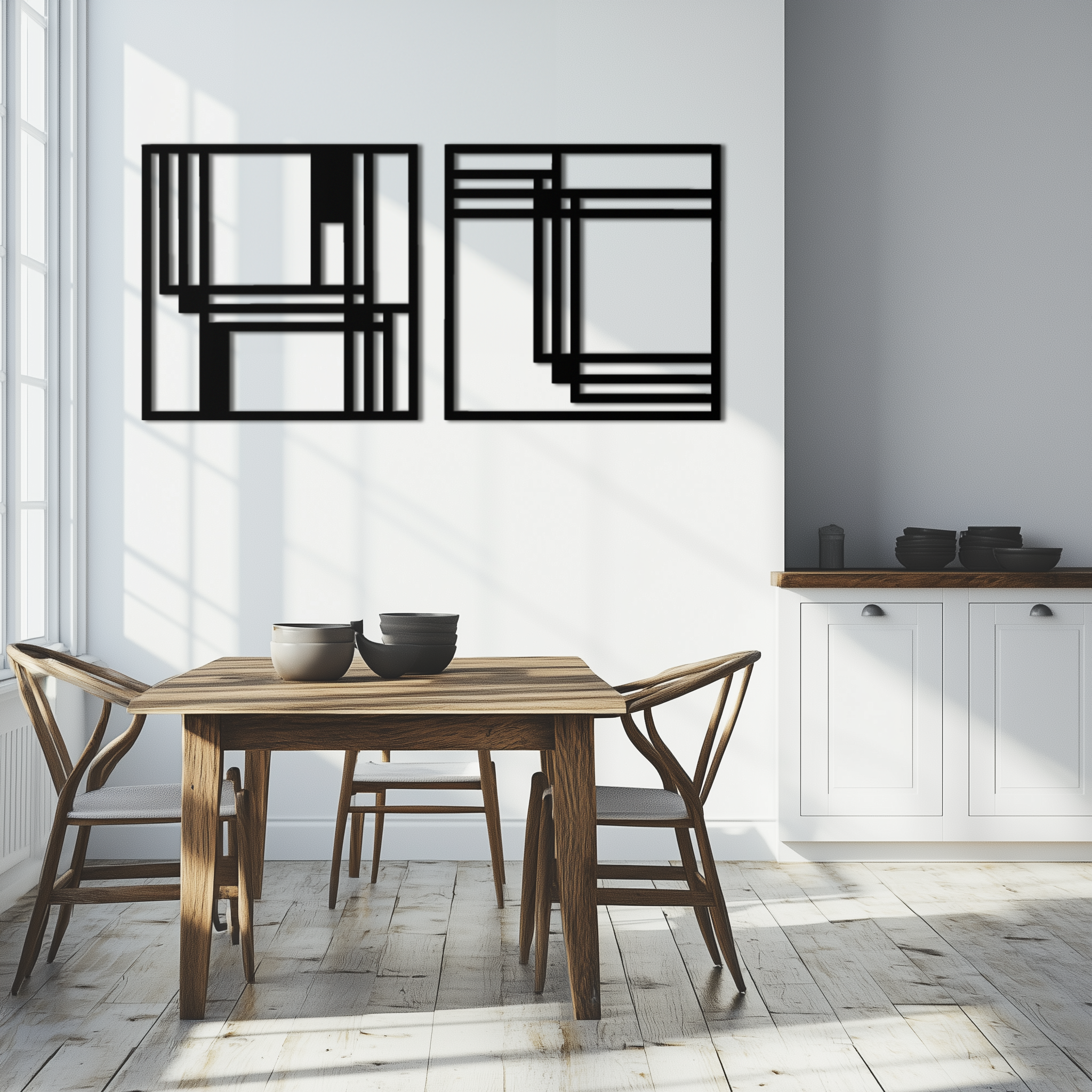 Modern Abstract Rectangles Metal Wall Art – Geometric Minimalist Black Steel Decor, 2 Panel Set for Contemporary Interiors- KAF433